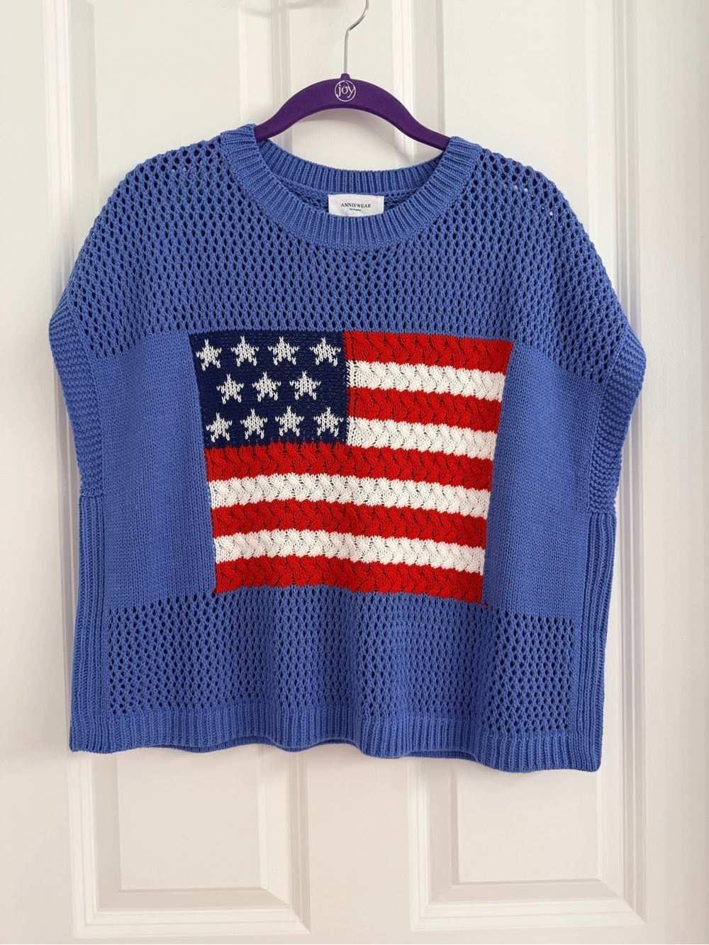 American Flag Open-Knit Crewneck Sweater - Light Blue